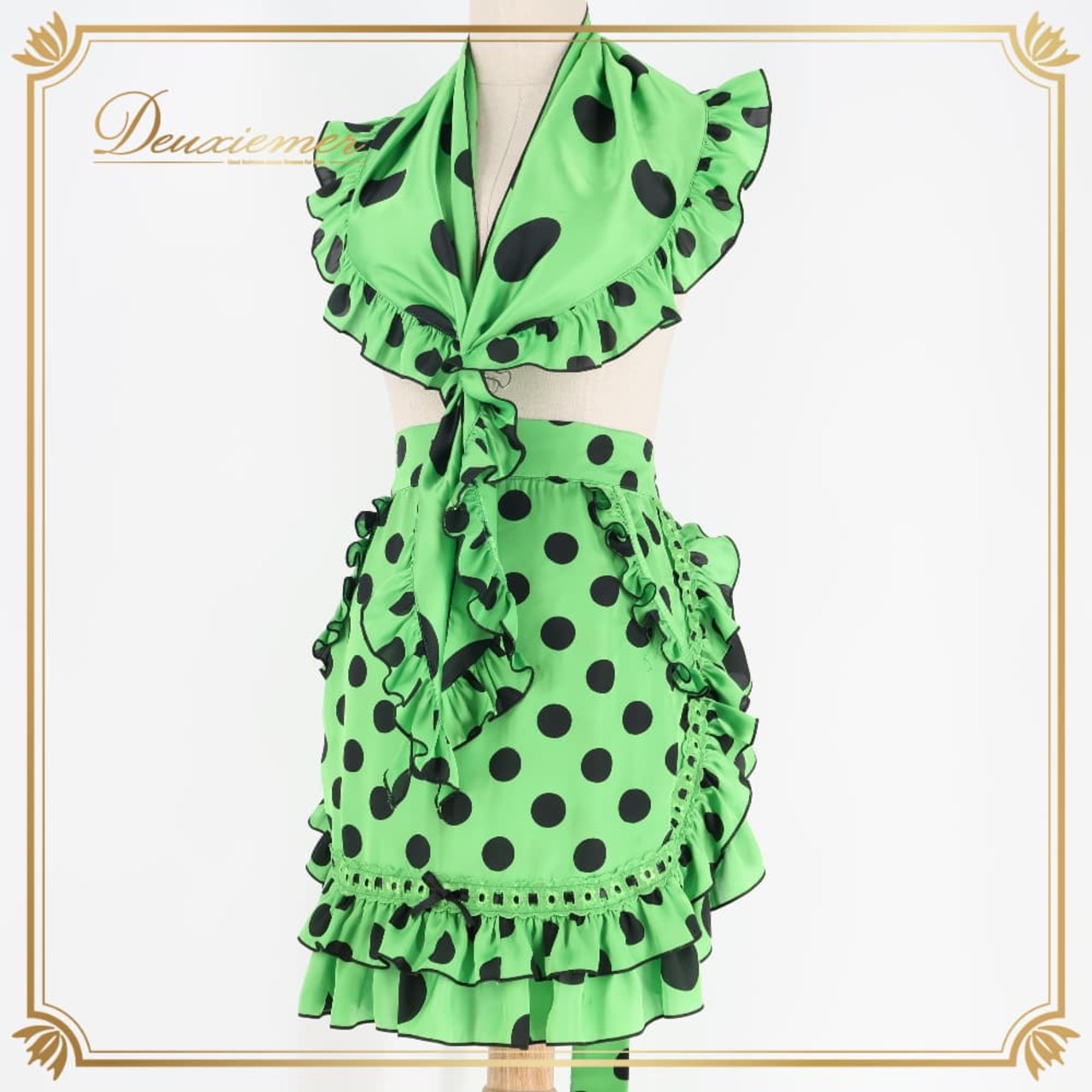 フラメンコ 衣装 MARINA FLAMENCA シージョ エプロン グリーン系 ブラック系 緑 黒 フリル レース リボン 水玉 ドット 華やか かわいい ポップ 装飾 衣装小物 舞台衣装 ダンス衣装