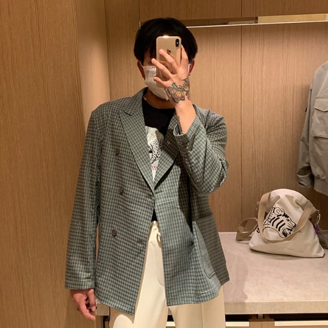 【予約販売】ジャケット チェック柄 カジュアル メンズ ブルー/グリーン ドレスアップ シック 結婚式 パーティー こなれ感 お洒落 韓国 トレンド M/L/XL/2XL