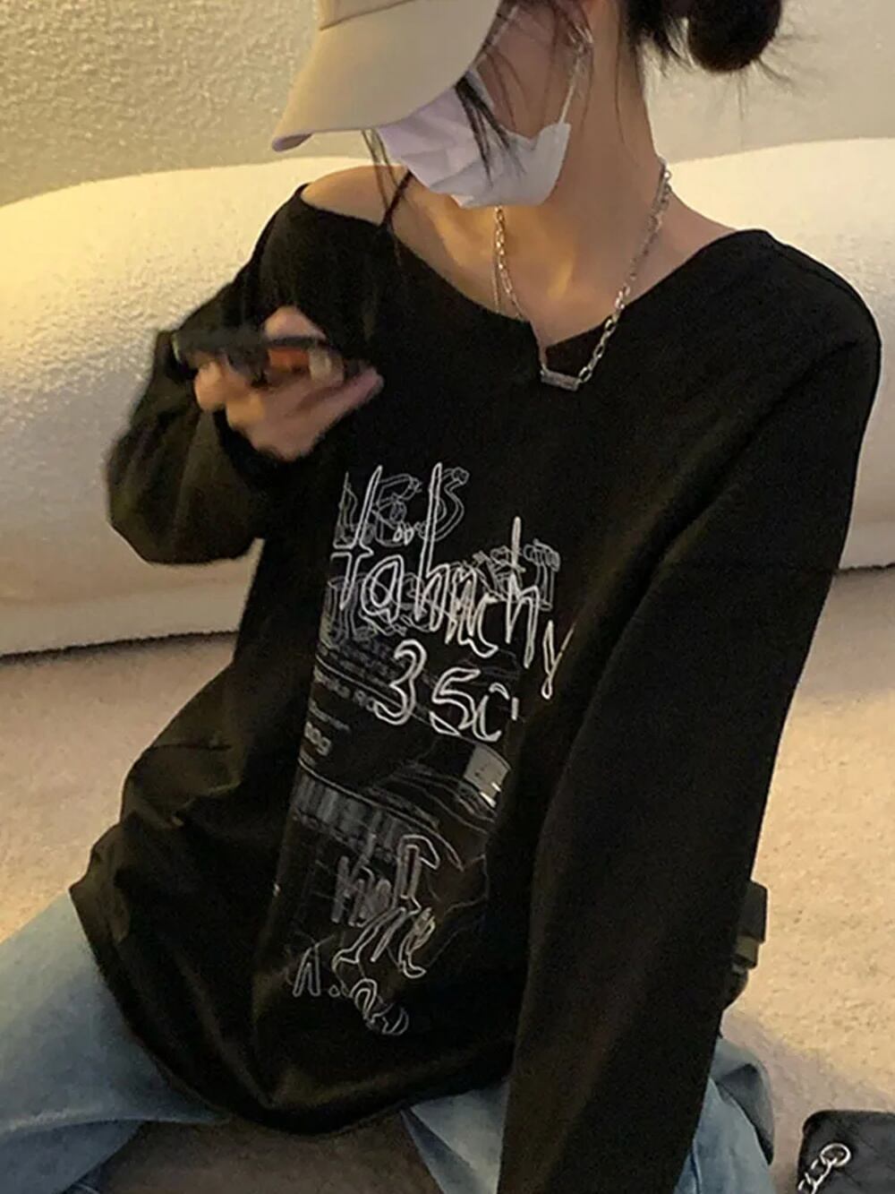フェアリー・グランジプリントTシャツ,裸の肩,長袖,韓国原宿 フェアリー・グランジプリントTシャツ,裸の肩,長袖,韓国原宿