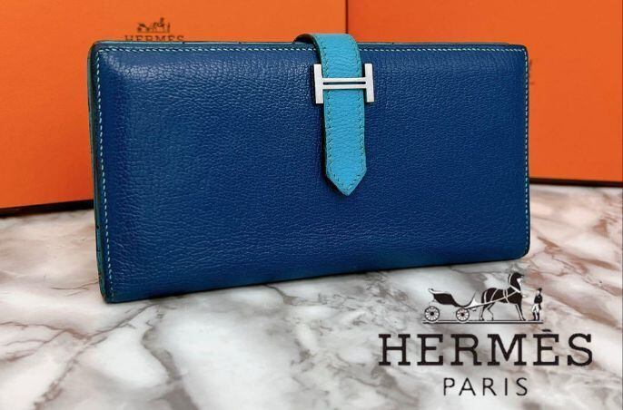 HERMES エルメス 長財布 べアンスフレ バイカラー ブルー シルバー金具 