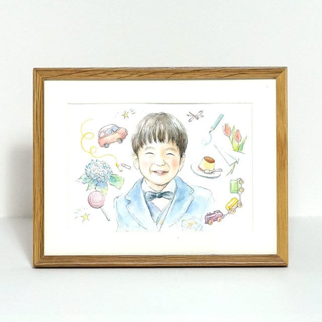 1名さま　A3サイズ【似顔絵オーダー】木製フレーム 優しい似顔絵(1名) おしゃれで洗練された木製フレーム入り(横