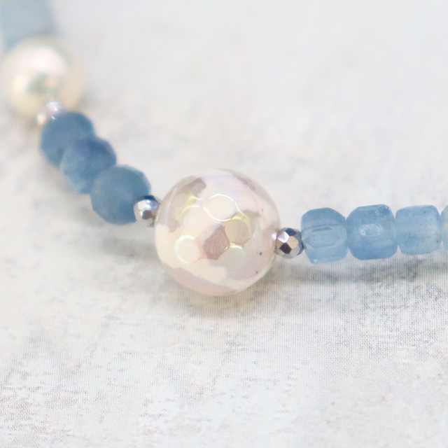 【Deep Sea Party】亀甲天珠×アクアマリン×クラック水晶 ブレスレット