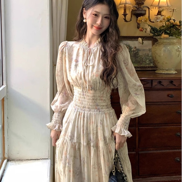 【ワンピース】ワンピース 秋 きれいめ 花柄 ティアード 長袖 おしゃれ 秋冬 可愛い オフィス 春 秋 冬 20代 30代 40代 50代 大人 可愛い  カジュアル  ベージュ ブラック 黒