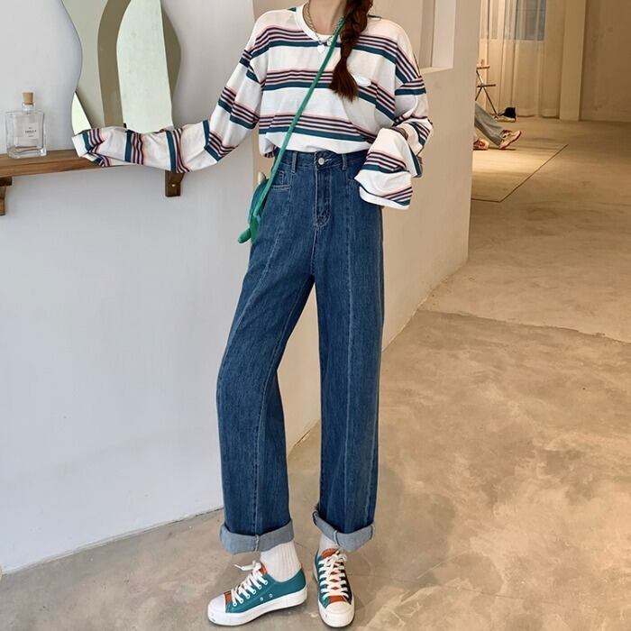 ジーンズレディース2020年初秋新作ハイウエストルーズスリムストレートドレープスモールカジュアルパンツ クレセントシティ22352939073