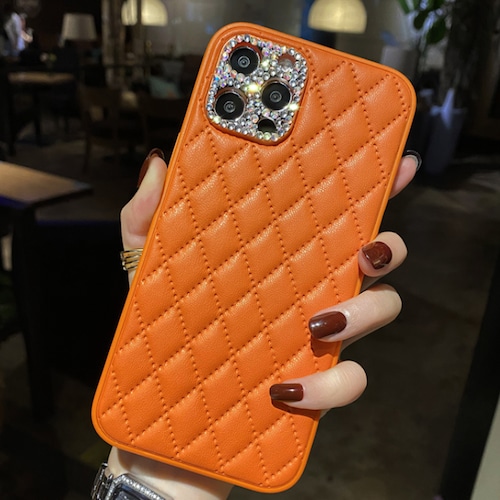 【オレンジ系】レザー調 キルティング キラキラジュエリーデコ ラインストーン スマホケース カバー iphone14 13  11 Pro 12  MAX アイフォンケース