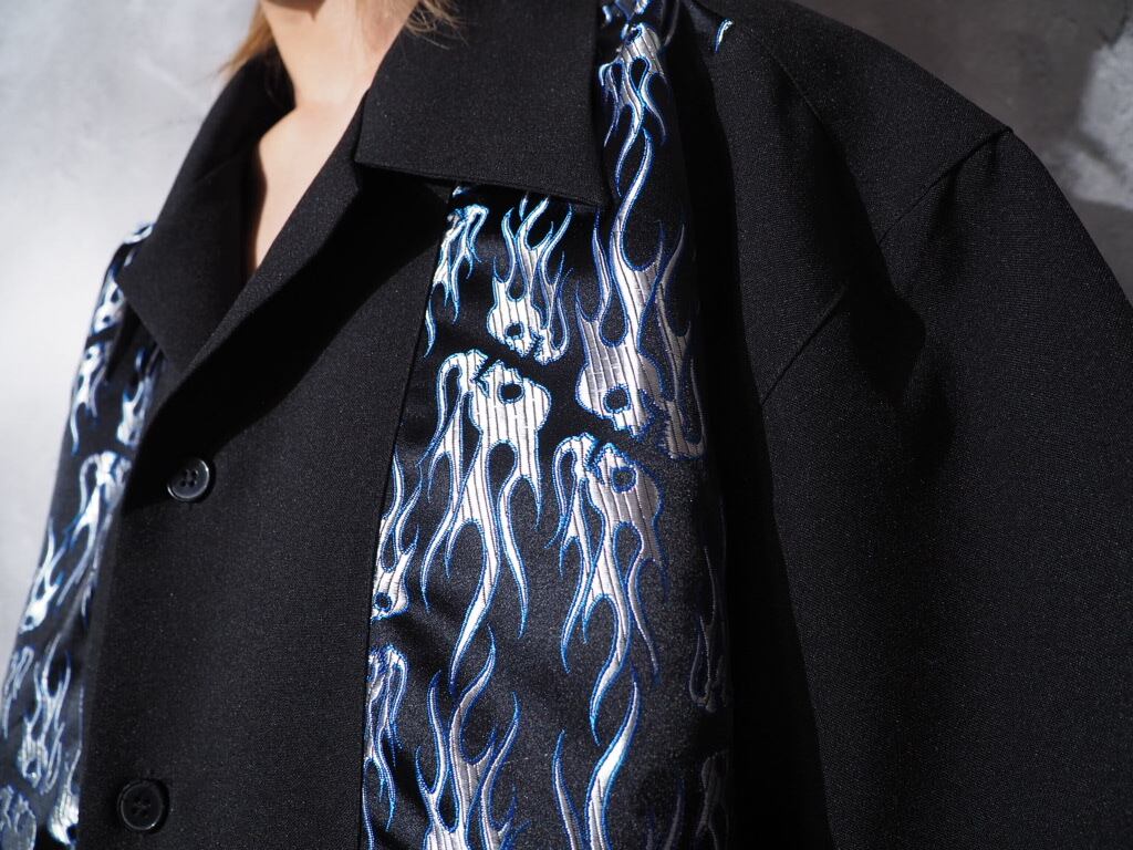 Skull × flame pattern satin switching open callar ss shirt