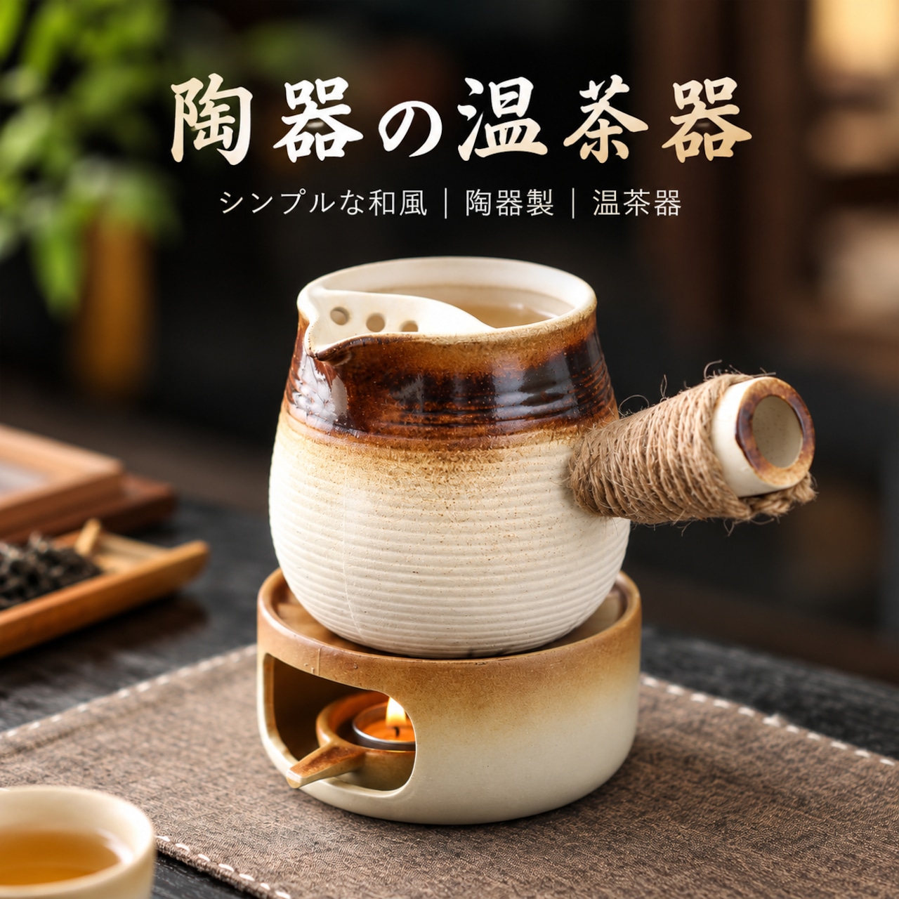 YF130.柴焼き陶器 温茶炉セット｜キャンドル式ティーウォーマー・茶