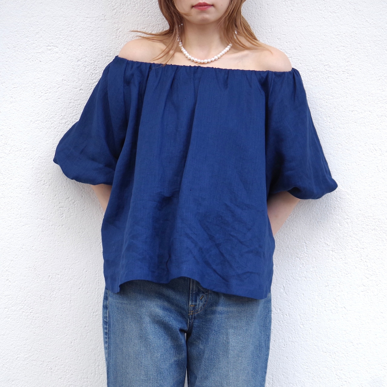 SINME リネンオフショルダーブラウス ブルー