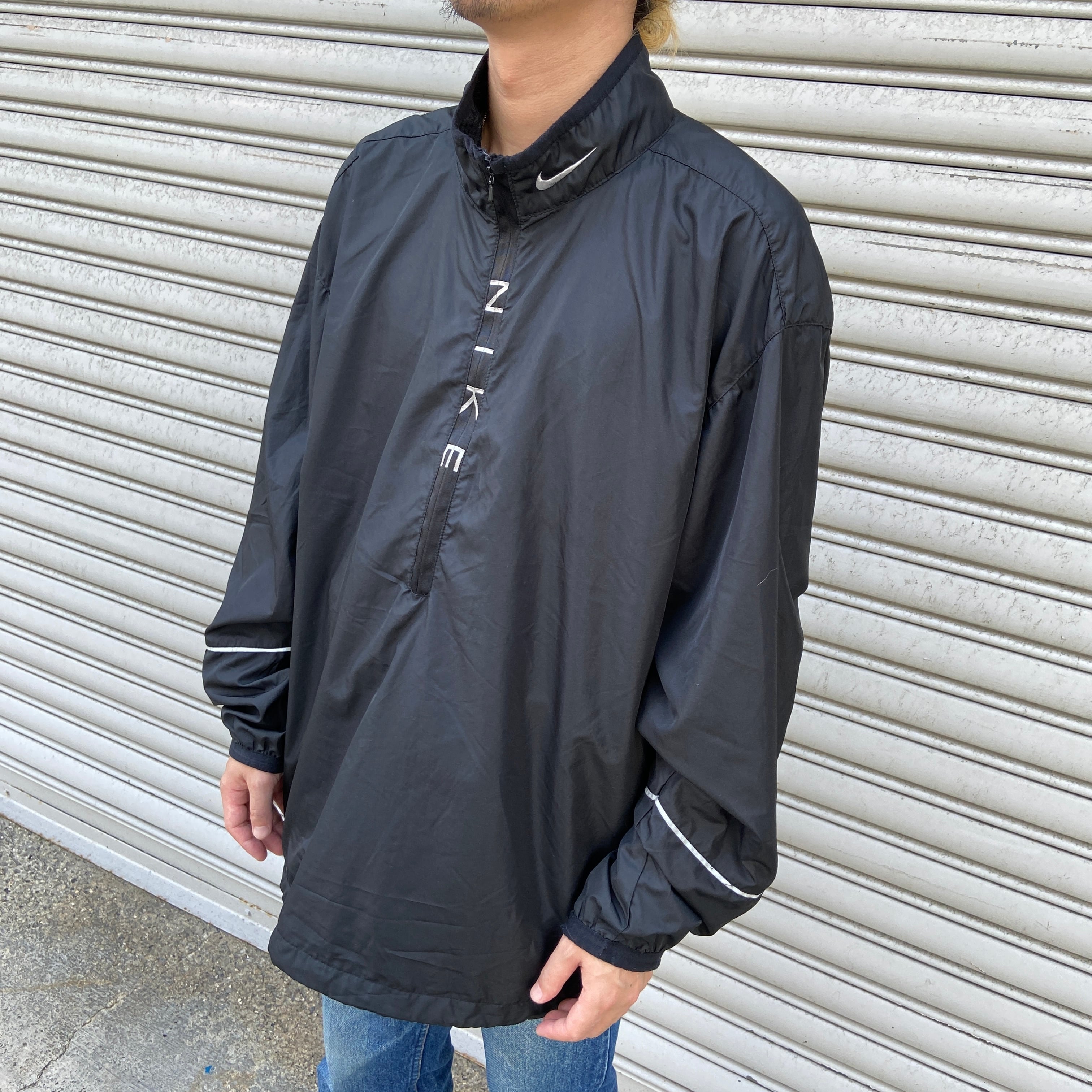 90s NIKE ハーフジップナイロンプルオーバー スウォッシュロゴ 黒 XL 