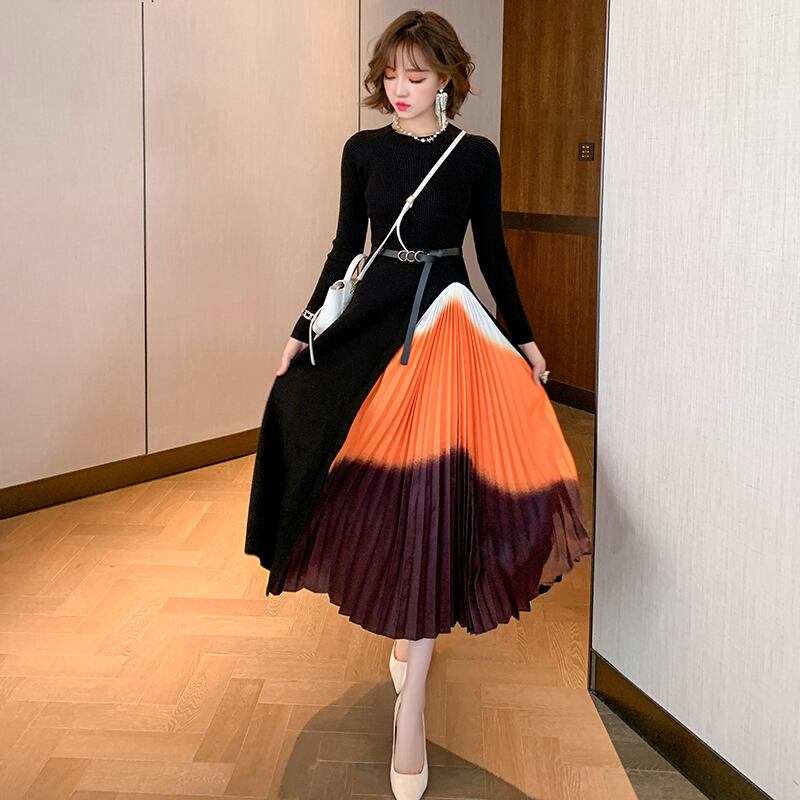 ニットカラープリーツスリムドレス オータム エレガント 秋物 ステッチ MIUCO78652452533