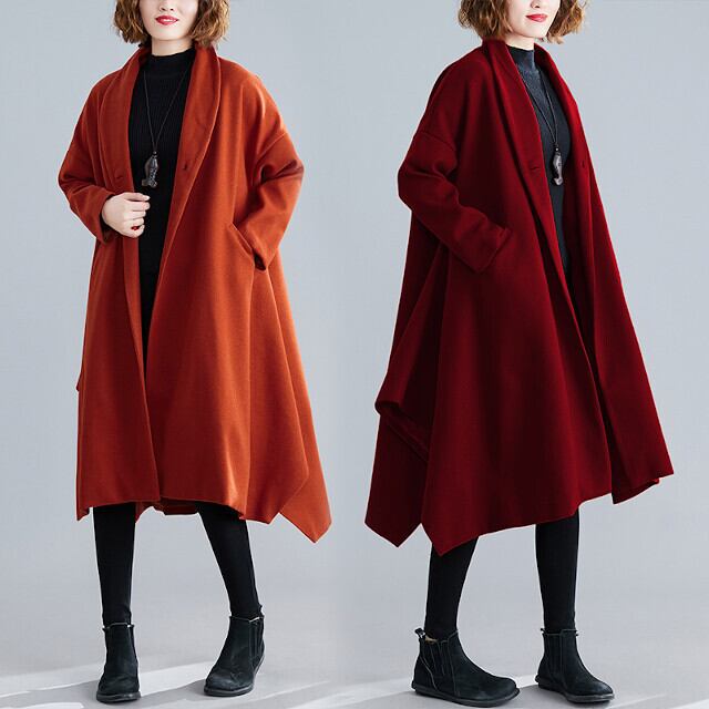 全2色 レディース アウター コート Aライン イレギュラーヘム 無地 かわいい 秋冬 キャラメル/ワインレッド
