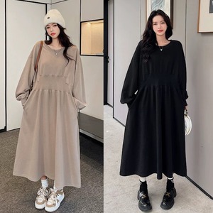 春 ロング スカート オーバー ラウンド ネック ワンピース ドレス 長袖 きれいめ aライン ロング 大きいサイズ かわいい 黒 春冬 シンプル レディース 韓国 カジュアル 大人 レトロ 30代 40代 50代 OP-260KMY