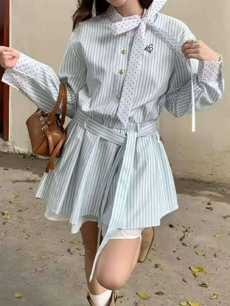 こだわりのディテールで甘さと爽やかを両立 ストライプドットノーカラーシャツワンピース 長袖 ストライプ ドット リボン おしゃれ 大人可愛い キュート 爽やか プリーツ 細見え くびれ 大きいサイズ 韓国 CH10988