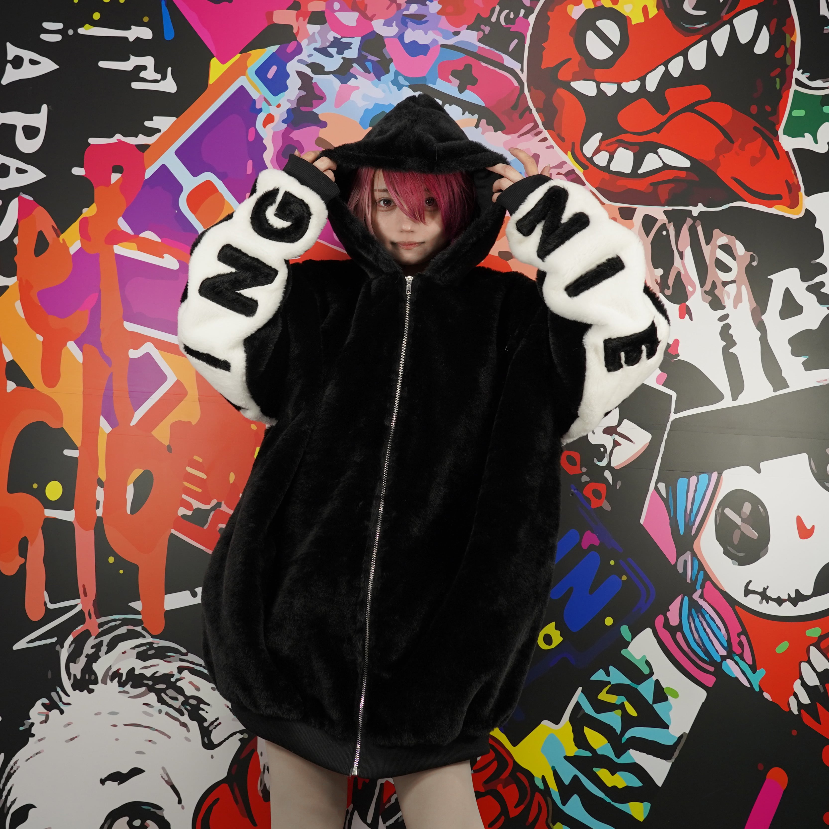 超ふわもこ2WAY SHOULDER BLACK×WHITE ZIP OUTER【内側防寒フリース