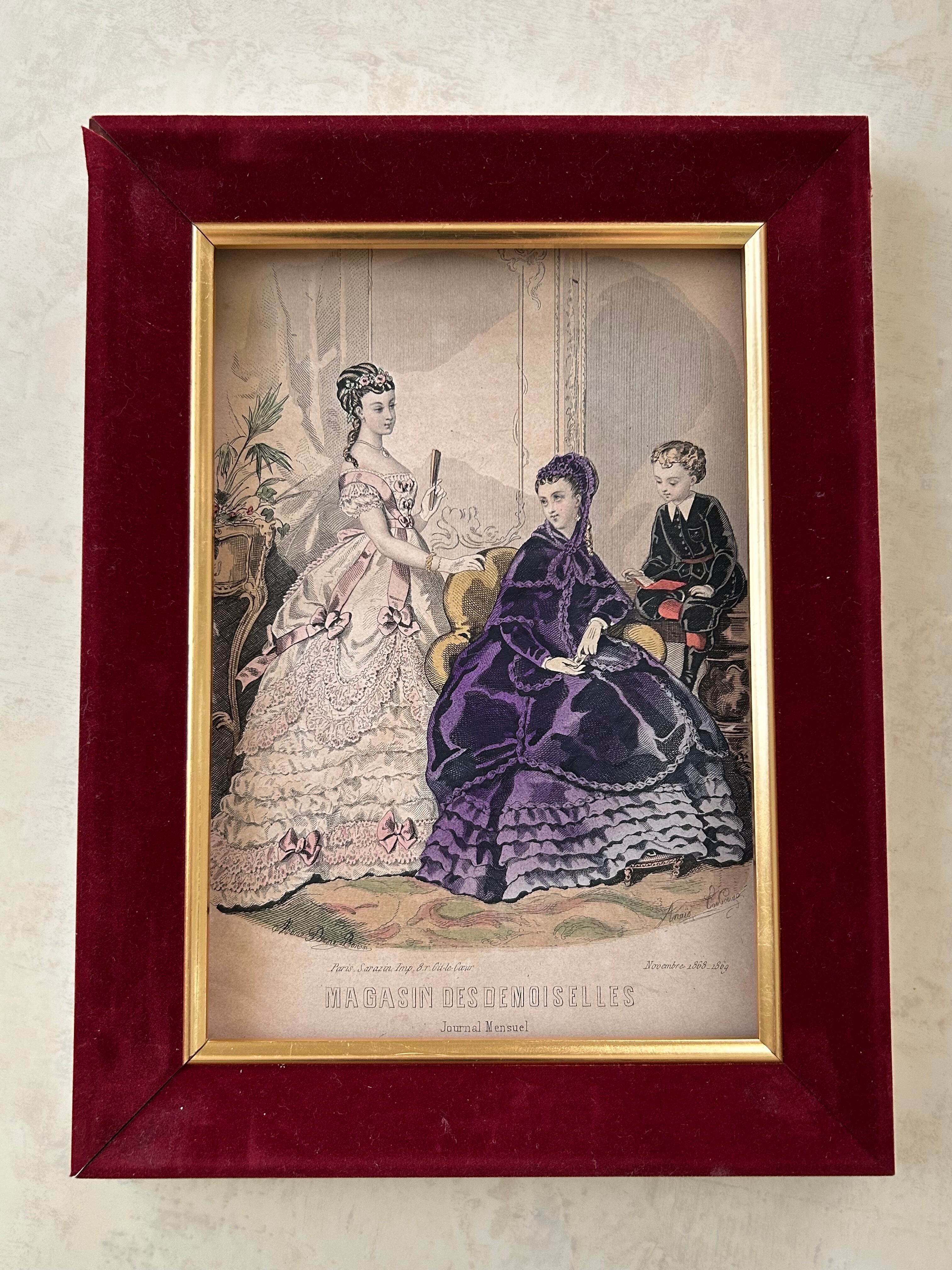 フランスアンティーク MAGASIN DES DEMOISELLES モード画 1869年 銅版画 リトグラフ ファッションプレート 額装 インテリア