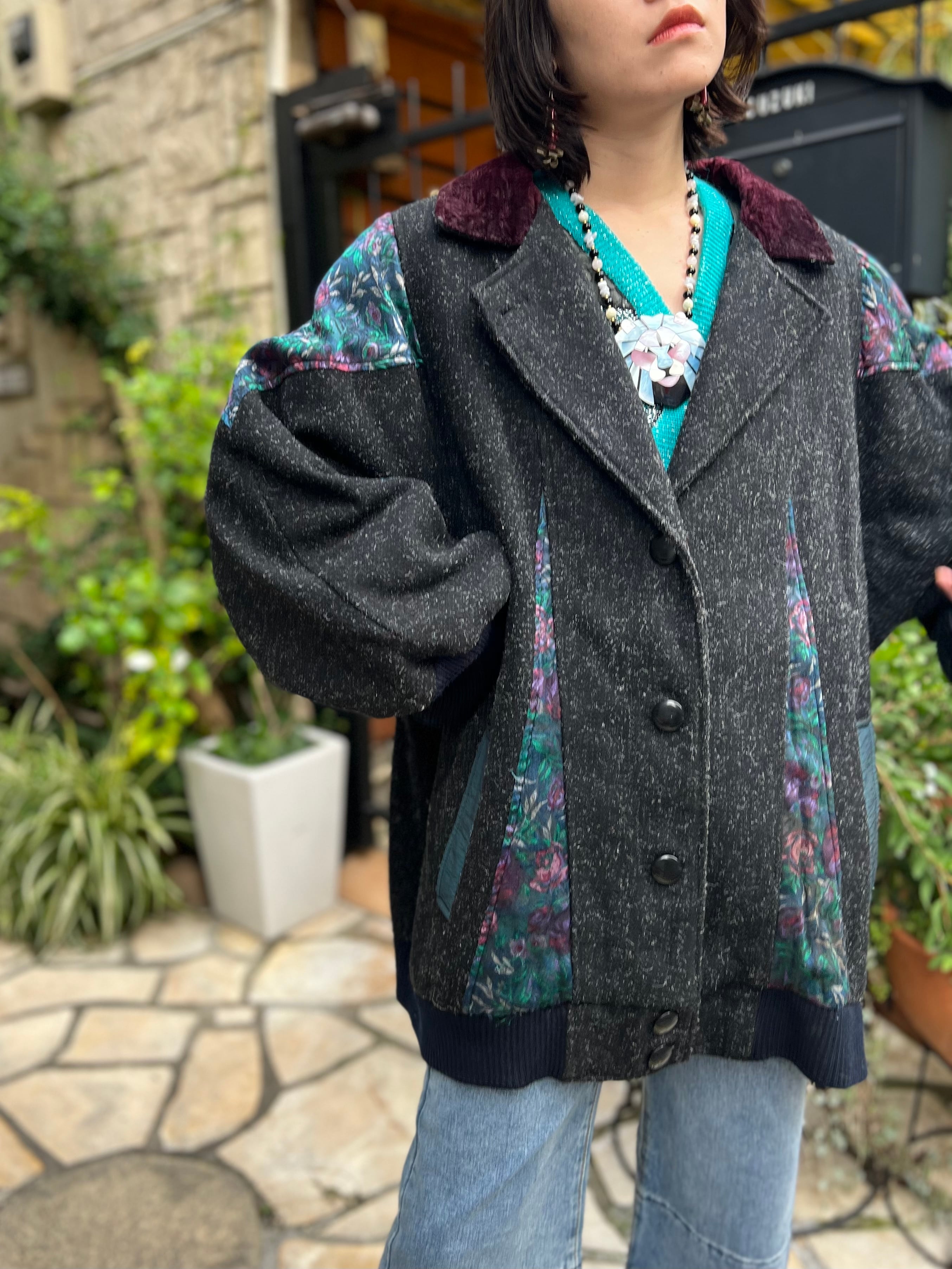 80s dolman sleeve black wool × floral switching Coat