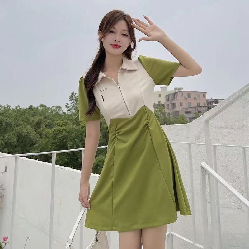 【新作】【送料無料】 ポロカラードレス女性のための夏 2022 新しいスタイルフレンチシンプルなレトロコントラストカラー優しいスタイルスリムスリムスカート 021971080730