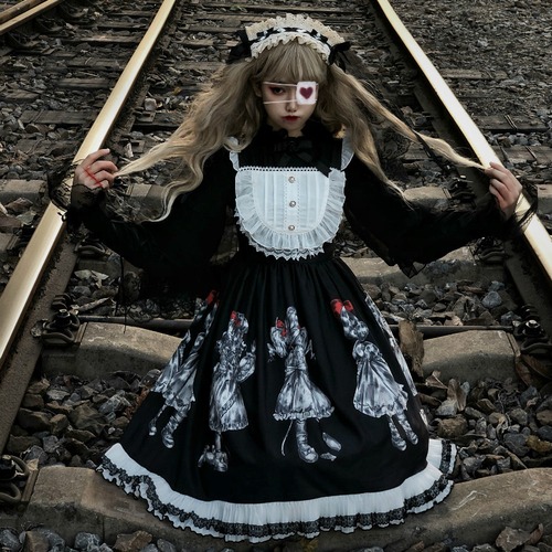 ✞ 漆黒 ダークレトロJSKワンピース ✞ゴスロリ SM ミリ 甘ロリ クラロリ 和ロリ エレガント 黒ロリ 姫ロリ 華ロリ BB-BB9424520