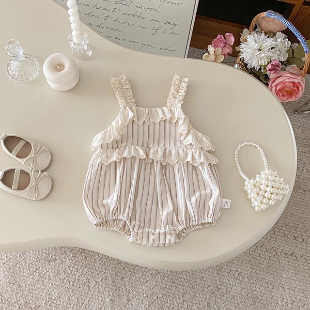 【BABY】フリルレースチェックストライプロンパース - 12