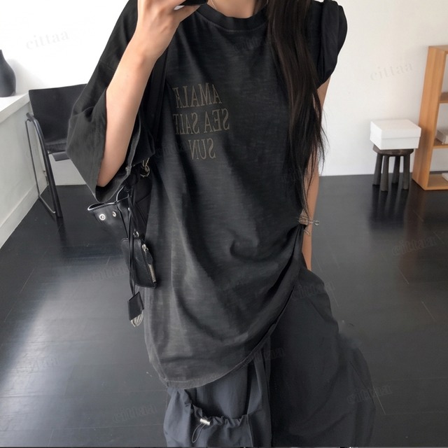 【即納】Y-5008　2026秋新作♡AMALFIピグメント加工バックプリントオーバーサイズ半袖Tシャツ　チャコール　0804