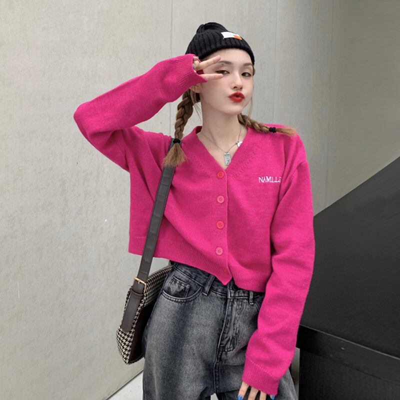 レッドニットカーディガンスプリングオータム薄手セーター コート ショートトップス ロング 春物 秋物 試着室31179419077