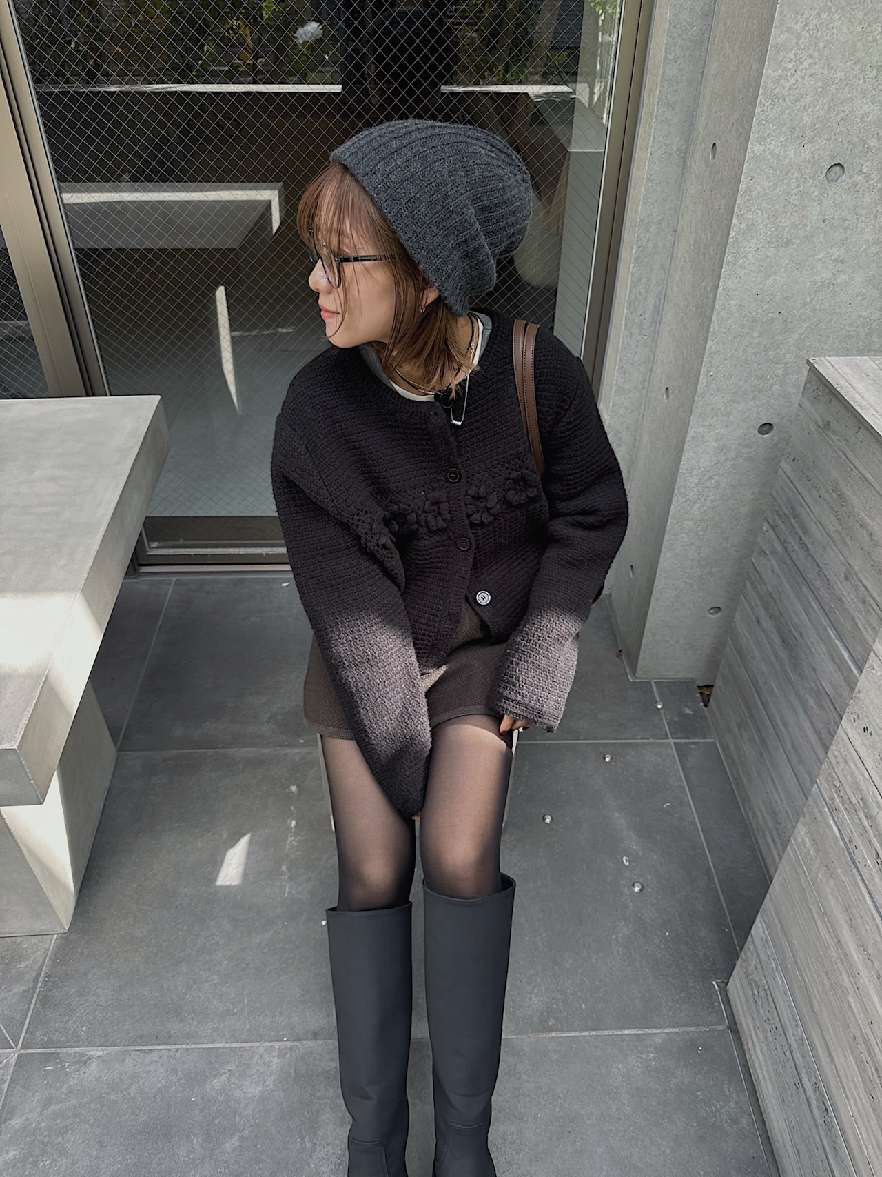 "gray" "black" flower motif hand wool knit