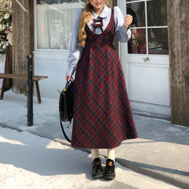 Checked faux two-piece dress(ME030)