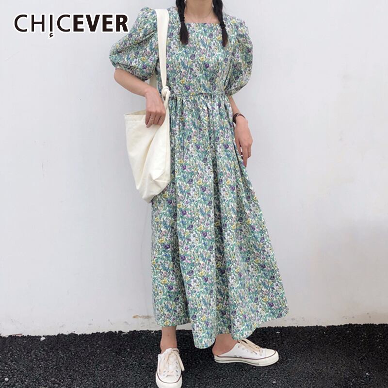 CHICEVERプリントヒットカラードレスレディーススクエアカラーパフ半袖ウエストレースアップ蝶結びドレスヴィンテージ ショート リボン ハーフスリーブ スクウェア ビンテージ 6base546864507307
