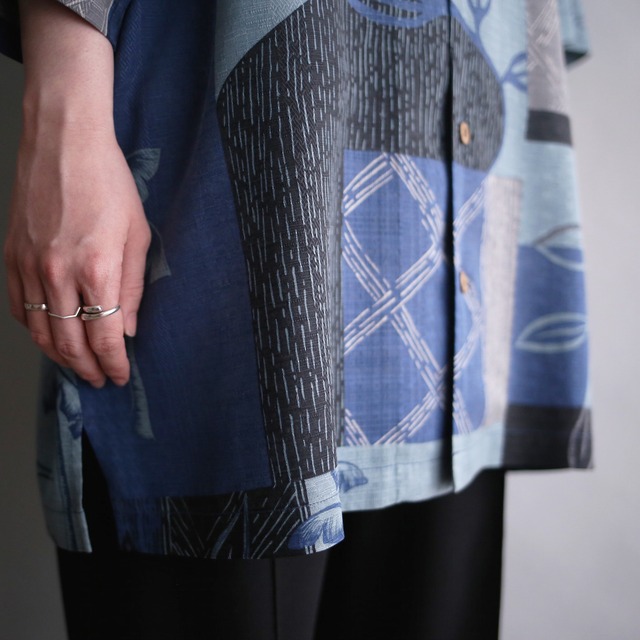 back botanical art pattern loose h/s silk shirt