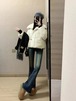 レトロなブルーのマイクロフレアジーンズの女性の秋と冬の新しいスタイルのハイウエストスリムフィットヒップリフティングローエッジロングフロアレングスパンツ レッド オータム 秋物 ウィンター 冬物 ボトムズ デニム パンツ rg0311c76737695256