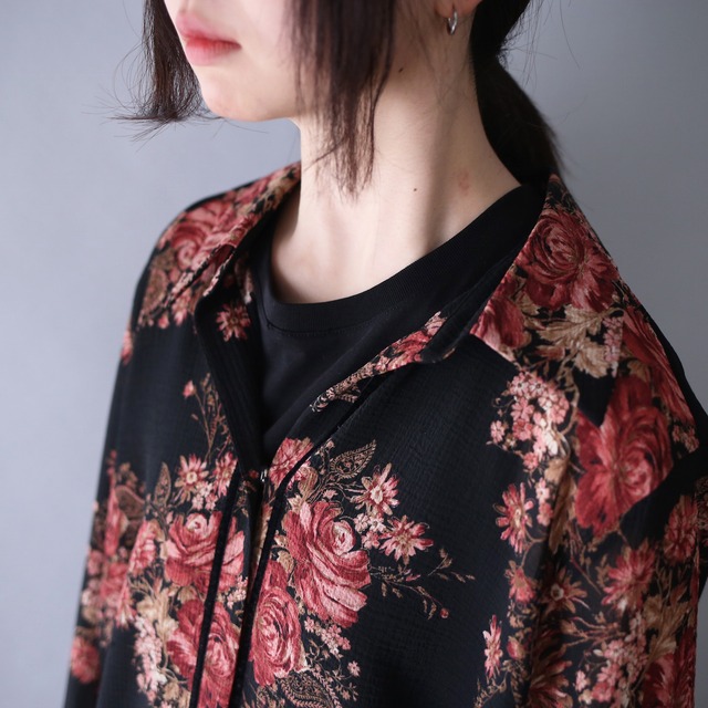 beautiful flower art pattern loose silhouette open collar see-through shirt