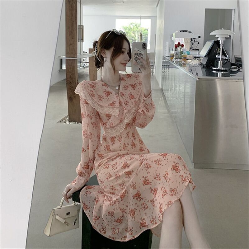 オータムフローラルレースシフォンドレス ウェストスカート 秋物 花柄 ステッチ ドラファッションホール69307073648