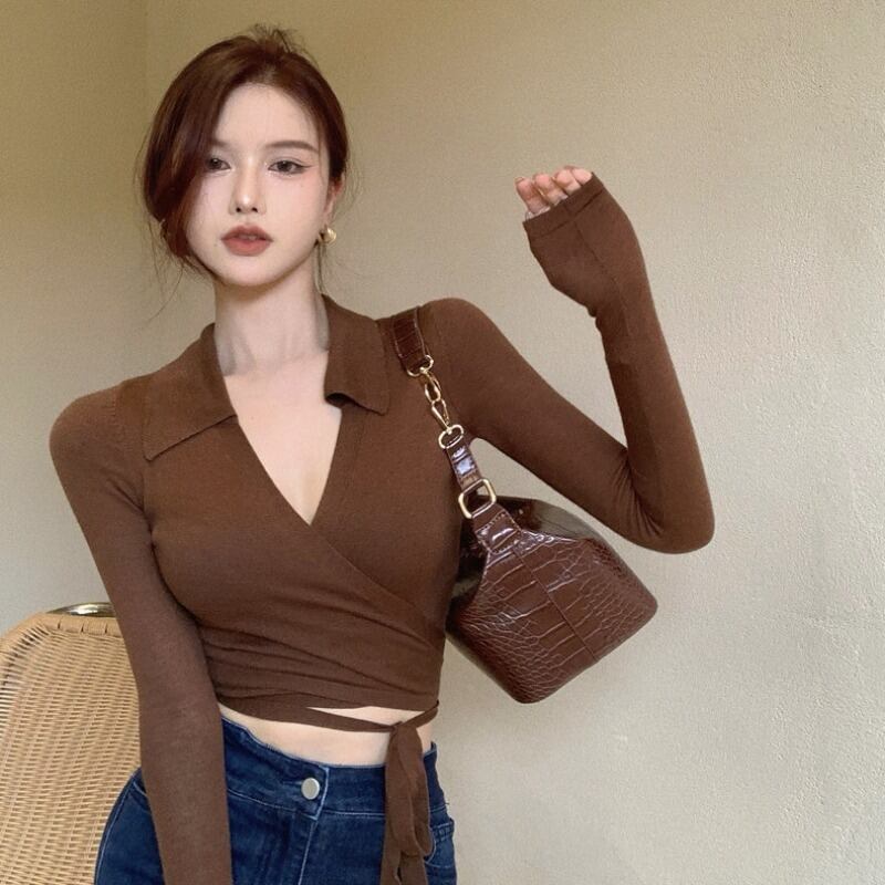 Tシャツ シャツ スプリングオータムスタンダードVネックショートニットスリム レトロ 春物 秋物 1号婦人87296641323