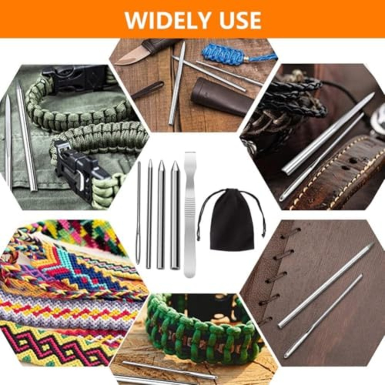 COOLBOTANG パラコードステッチ 6点セット パラコードニードル ステンレス スチール パラコード針 手縫い針 編み針セット ブレスレット用 編み物 クラフト用品 裁縫道具 シャフト 手芸用品 ハンドメイド 制作道具 手作り道具 巾着袋付き