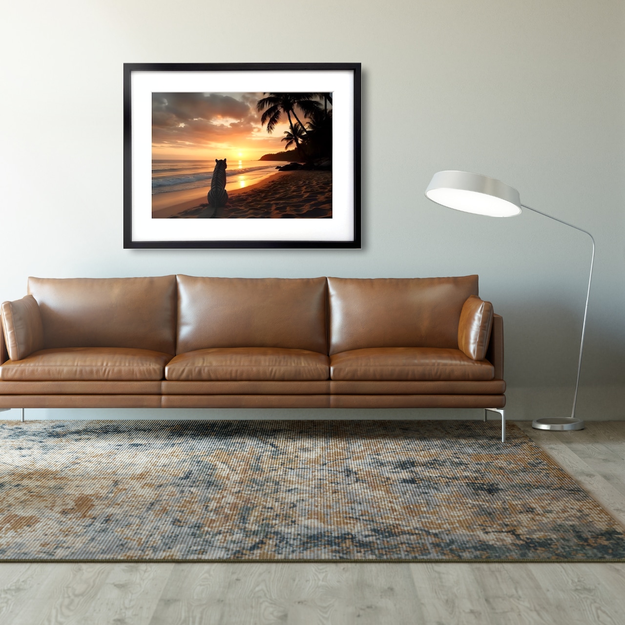 故郷を想うホワイトタイガー｜夕陽を見つめる虎が描く幻想アートポスター｜静寂と郷愁が心を包む癒しのモダンインテリアA2ポスター