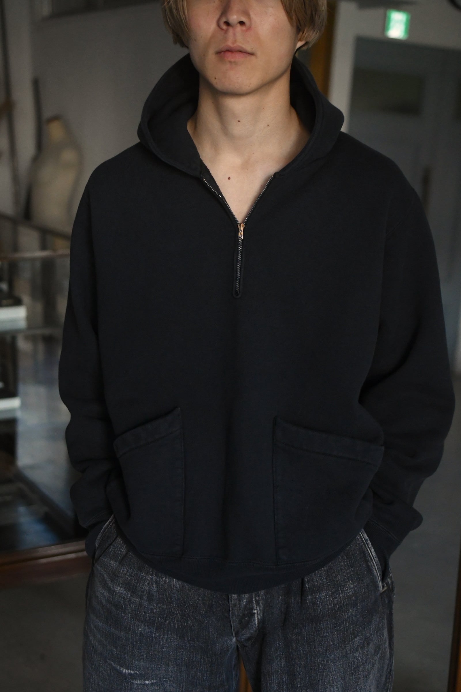 A.PRESSE / Vintage Sailor Hood Half Zip Sweatshirt (Black) | nariwai