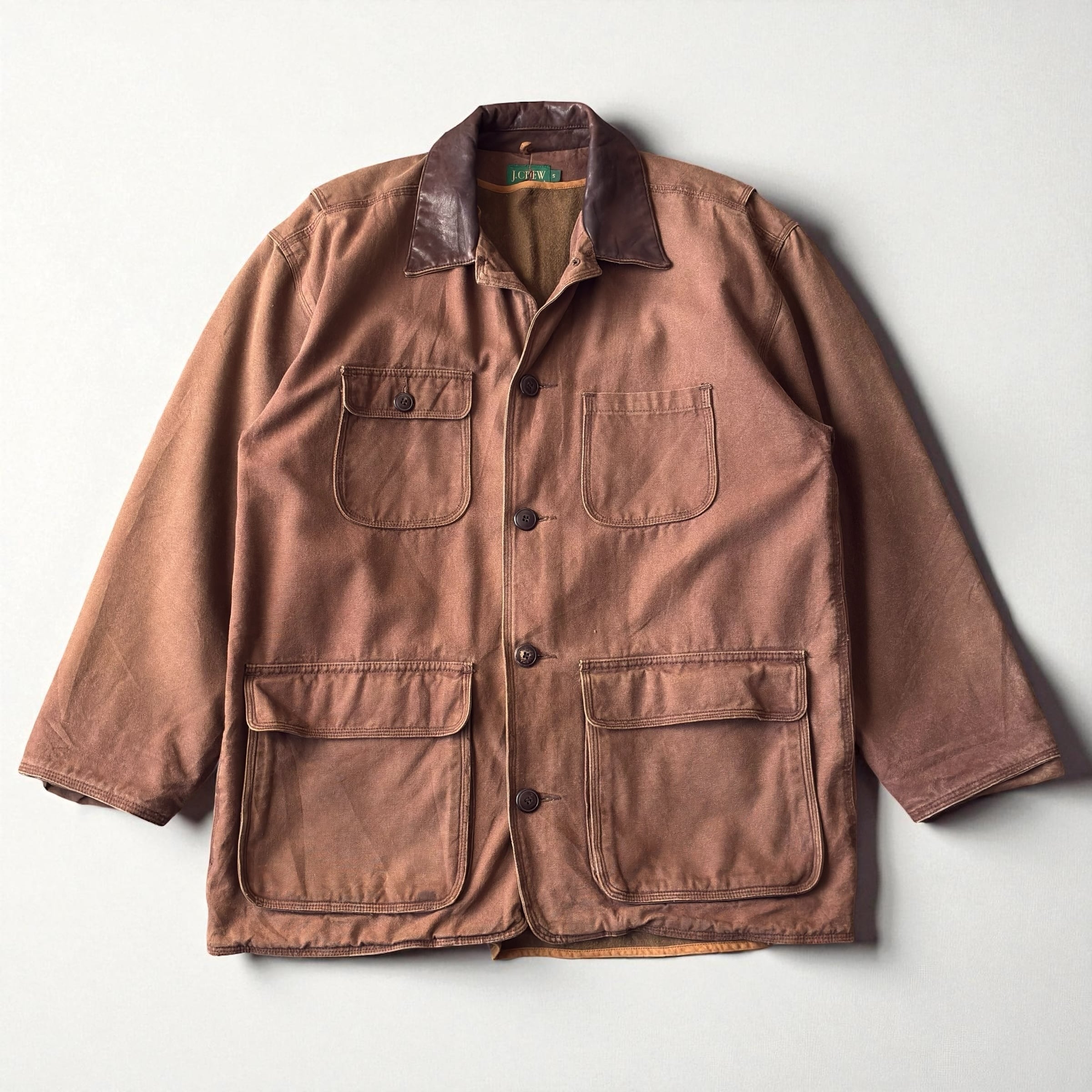 襟レザー　90s J.CREW カバーオール　ライナー付き ジャケット　巨人タグ 襟レザー］90's J.CREW“カバーオール“ライナー付き ジャケット