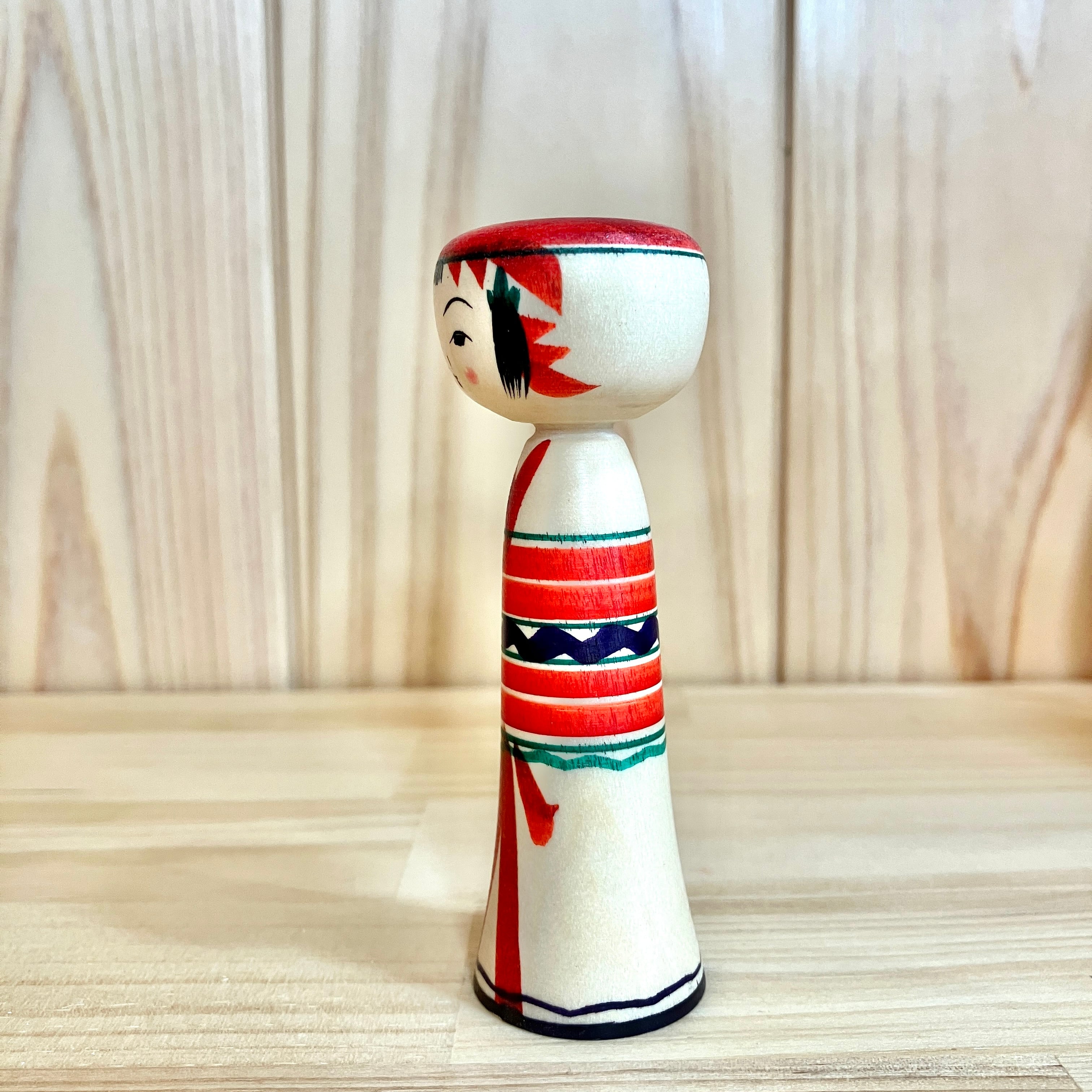 新山真由美工人：弥治郎系】こけし オレンジ赤紫：3寸 約9cm N10MaN