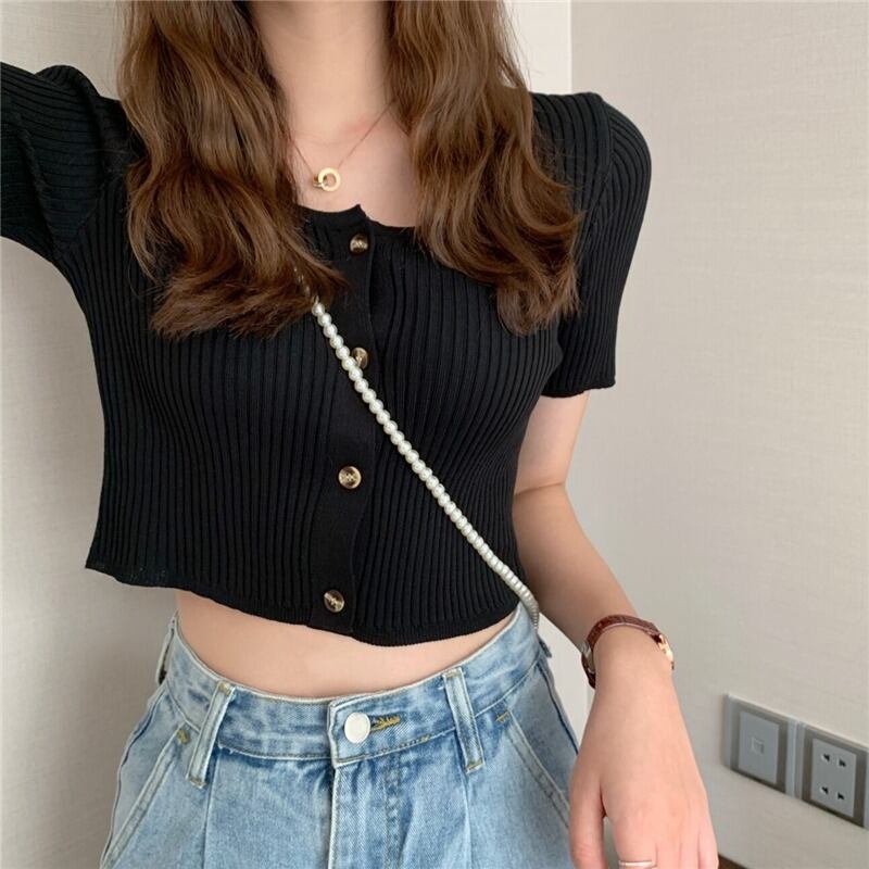 ショートスタンダードソリッド カラースリム薄手ニットTシャツ トップス レトロ ソリッドカラー スクウェア ハンチェンe93705406896