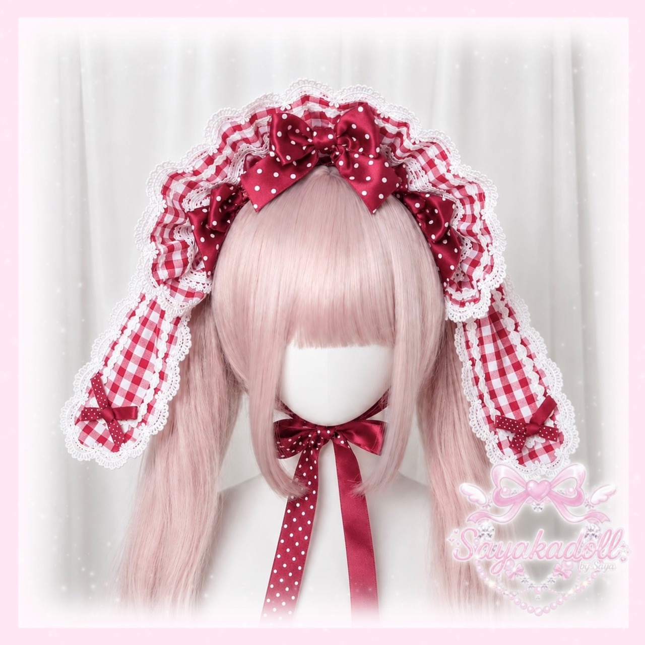 ♡【全4色】MAID ギンガムチェック＆ドット柄リボン 変幻自在うさみみフリルボンネット pink ♡
