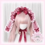 ♡【全4色】MAID ギンガムチェック＆ドット柄リボン 変幻自在うさみみフリルボンネット pink ♡