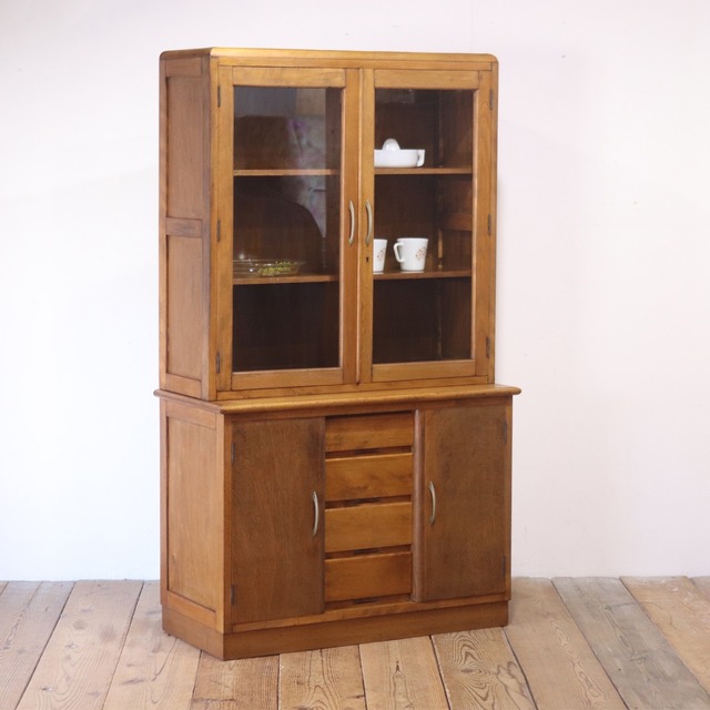 レトロ ガラスキャビネット 食器棚 キッチン 収納 ラック 上下分割式 ラワン材 引き出し 4杯 ヴィンテージ/RAK31212