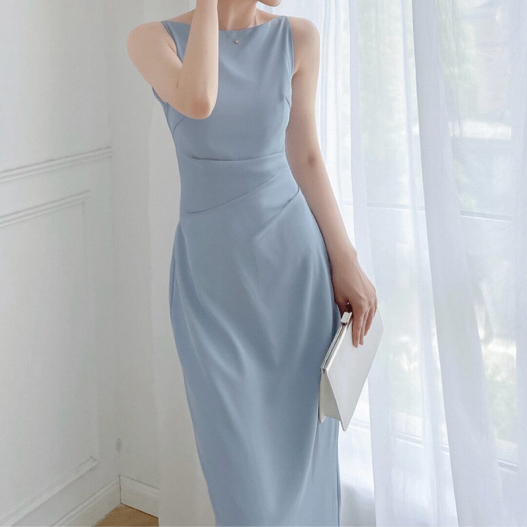 Drape design boat neck tight sleeveless dress 00108