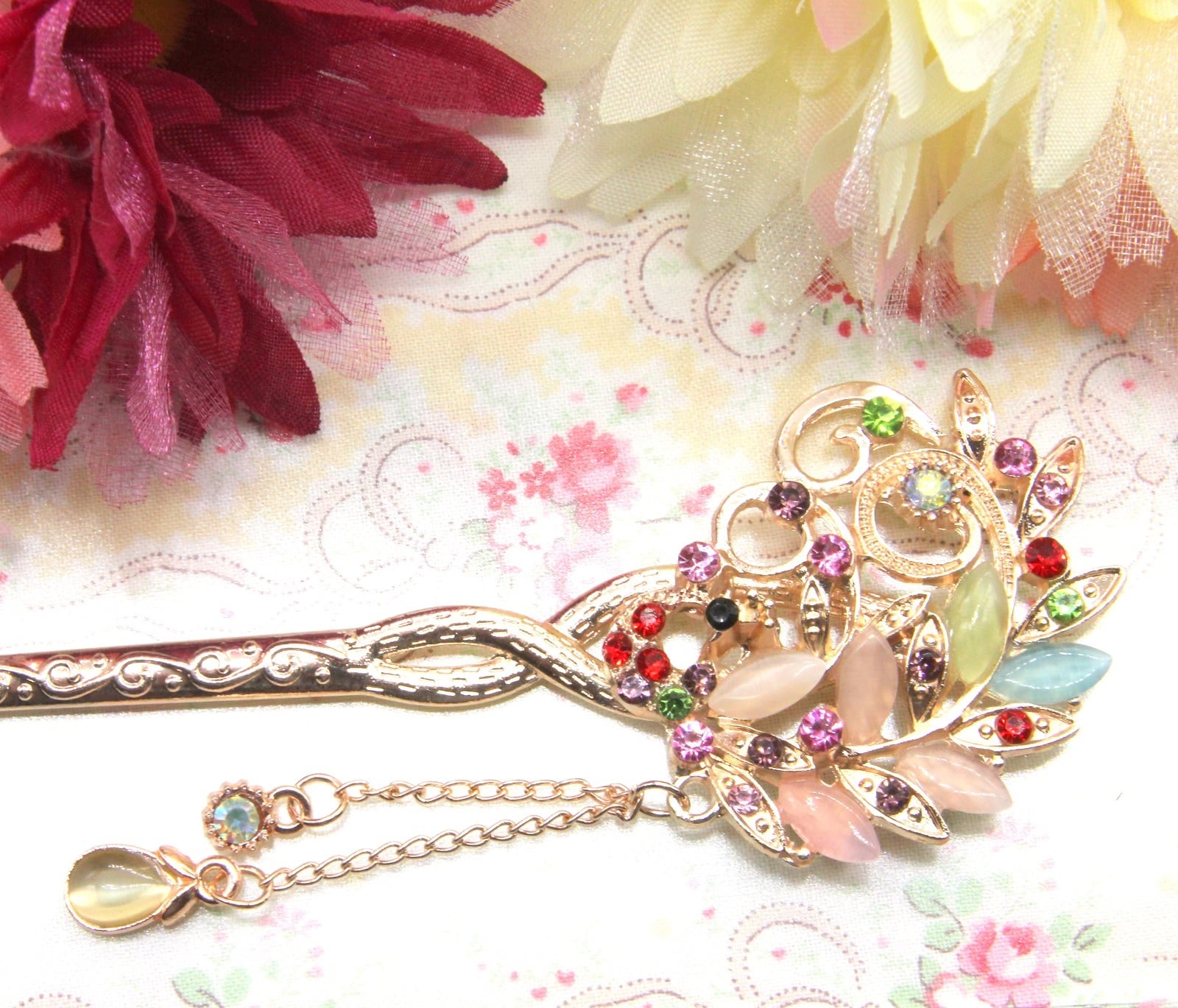 かんざし 一本 和装 着物 アンティーク 髪飾り くじゃく 羽 カラフル