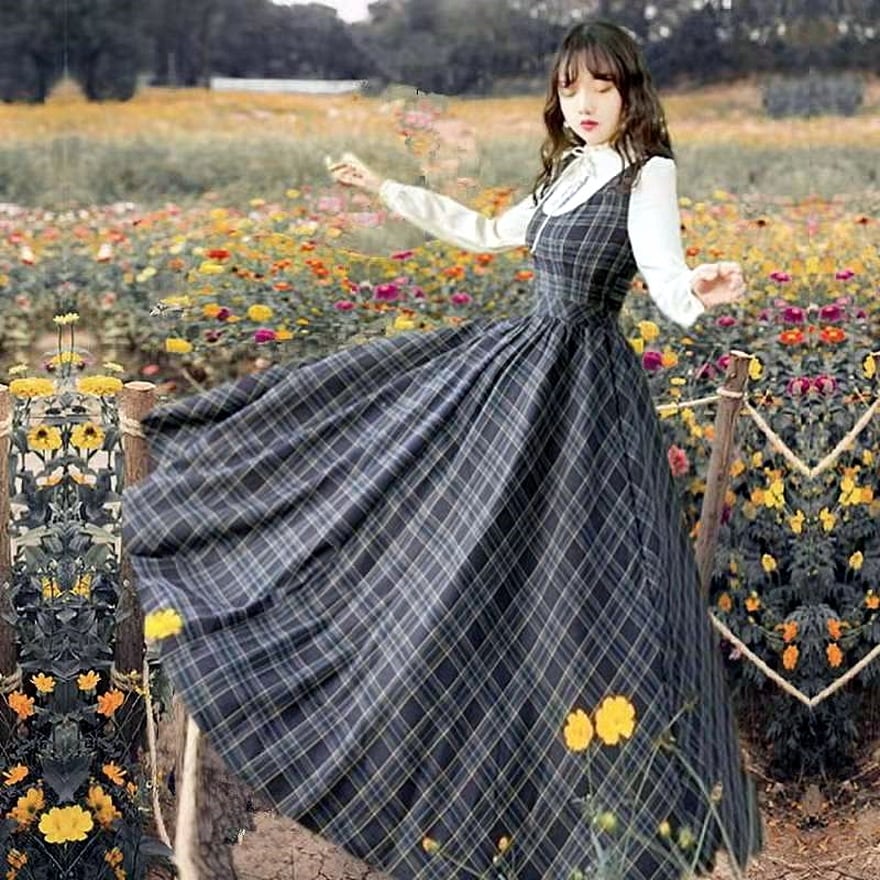 サブカル 服 地雷系 通販 フレンチロリータ クラロリ フェイクツーピース レトロ チェック柄 ロング丈 Aライン 甘め ガーリー