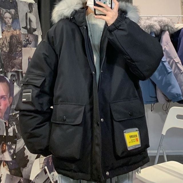 【予約販売】ダウンジャケット ボリュームダウン ブラック ブルー グレー フード付き ショート丈 防寒 お洒落 カジュアル 秋冬 大きいサイズ S/M/L/XL