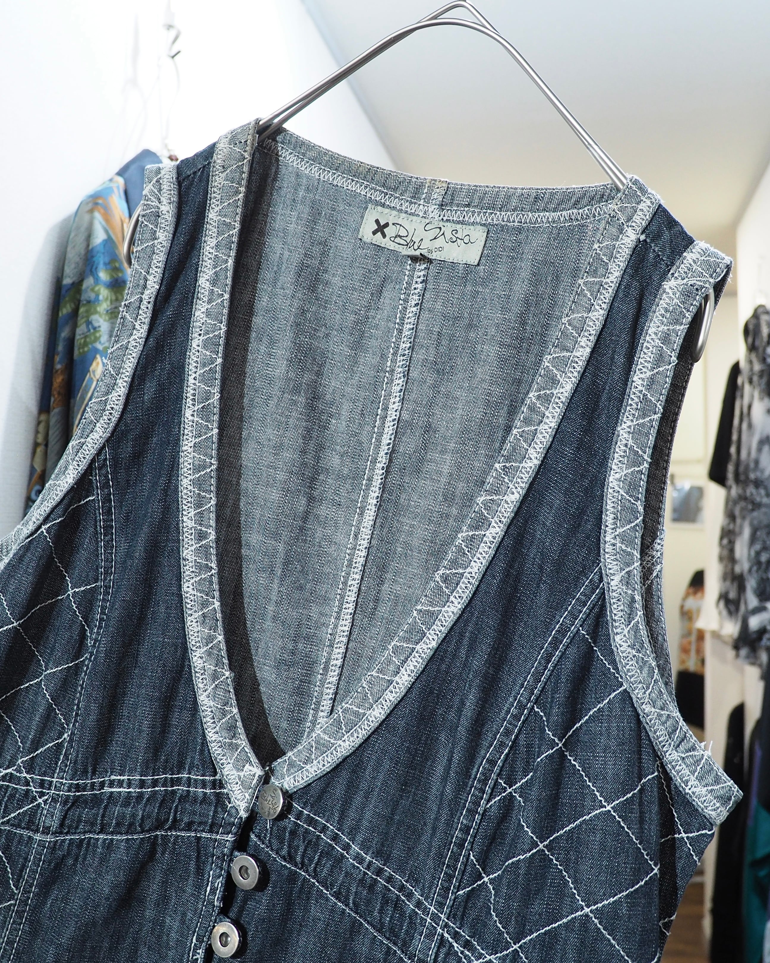 Random Patchwork × White stitch Embroidery vintage Indigo Denim Onepiece