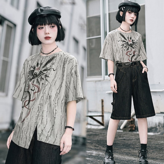 【古怪舍---光暗新生シリーズ】★チャイナ風トップス★ Tシャツ 半袖 オリジナル 不規則 スリット レトロ