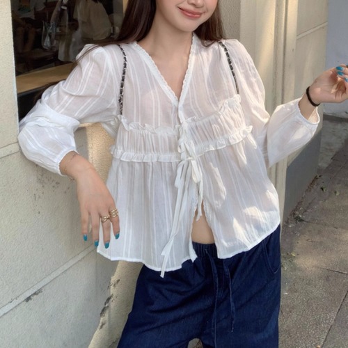 Vネックフリルラインリボンストライプブラウス ・71185