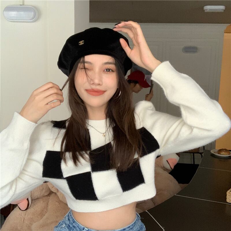 ブラックホワイトセーター コート オータムショートプルオーバー トップス 秋物 モンロー35378368137